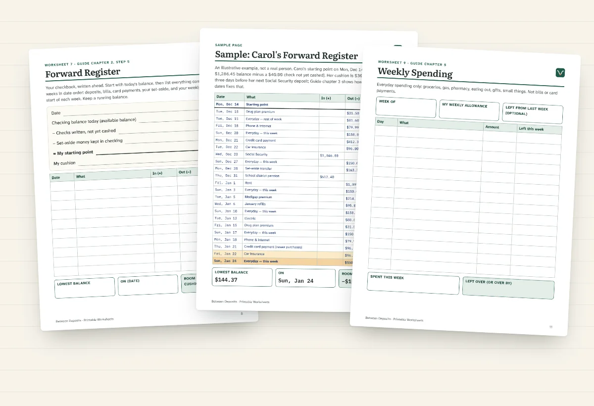 Printable worksheets: the Forward Register page, a filled-in sample, and the weekly spending sheet.